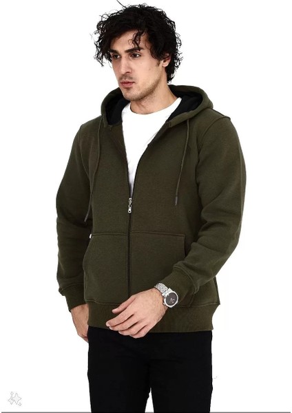 Unisex Tam Fermuarlı Kapşonlu Sweatshirt - Haki