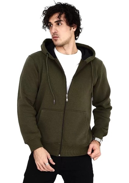 Unisex Tam Fermuarlı Kapşonlu Sweatshirt - Haki
