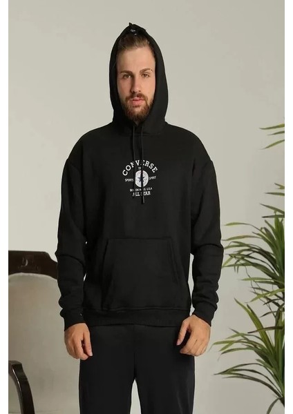 Unisex Kapüşonlu Üç Iplik Oversize Baskılı Sweatshirt - Siyah fiyatları