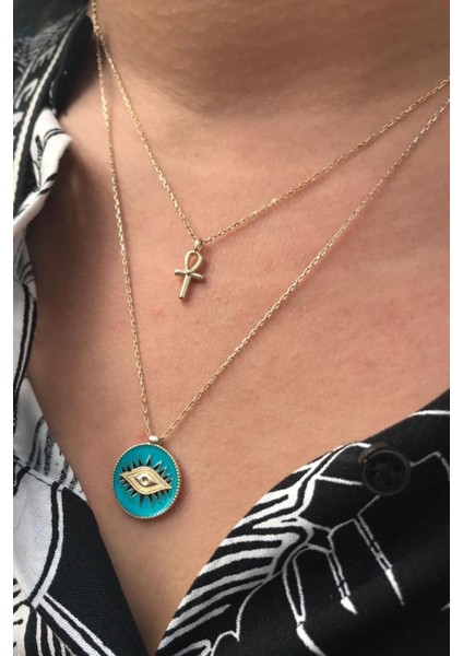 Şık Gümüş Ankh Kolye, Zarif Tasarım, 925 Ayar, Doğal Taş, Altın Renk fiyatları