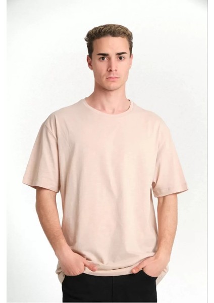 Unisex Düz Biskilet Yaka Oversize T-Shirt - Bej