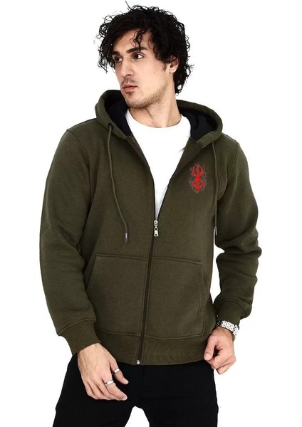 Unisex Baskılı Tam Fermuarlı Kapşonlu Sweatshirt - Haki