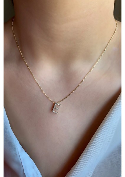 925 Ayar Üç Boyutlu Gold Zirkon Taşlı E Harfli Kolye Uzunluk 45 cm