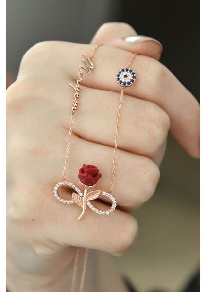 Zirkon taşlı, altın renkli gümüş sonsuzluk ve gül motifli isim kolyesi