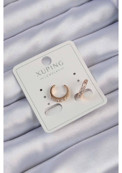 Rose Renk Zirkon Taşlı Ay Görünümlü Earcuff Küpe