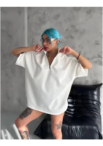 Unisex Yarım Fermuarlı Düz Oversize T-Shirt - Beyaz