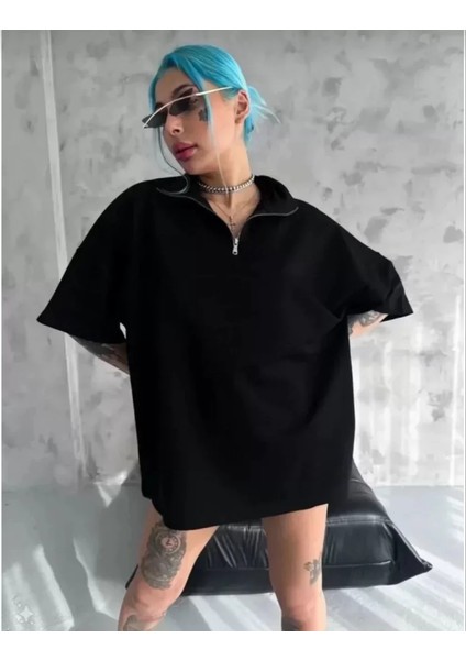 Unisex Yarım Fermuarlı Düz Oversize T-Shirt - Siyah