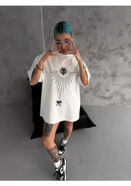 Unisex Bisiklet Yaka Baskılı Oversize T-Shirt - Beyaz