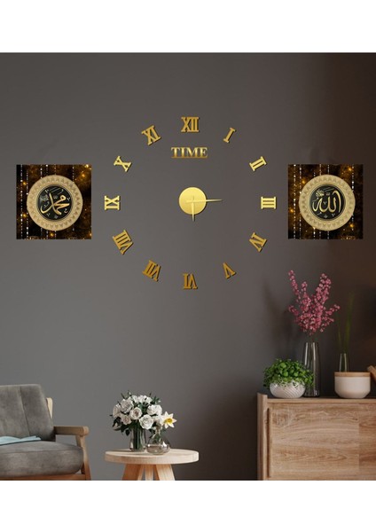 Büyük Boy 3d Roma Gold Duvar Saati Ve Uv Tablo Set