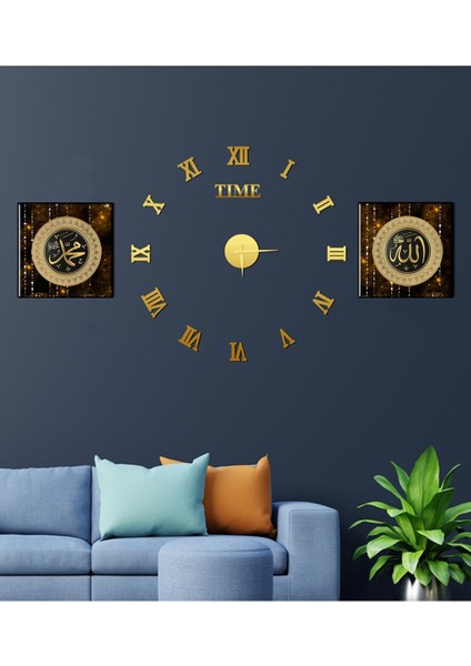 Büyük Boy 3d Roma Gold Duvar Saati Ve Uv Tablo Set