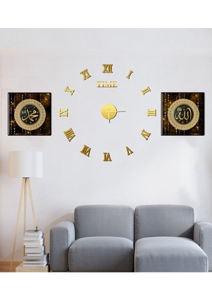 Büyük Boy 3d Roma Gold Duvar Saati Ve Uv Tablo Set