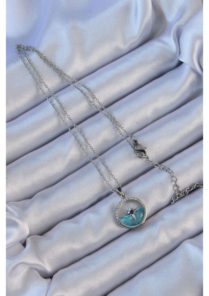 316L Çelik Zincir Gümüş Renk Zirkon Taşlı Deniz Görünüm Kutup Yıldızı Kolye fiyatları