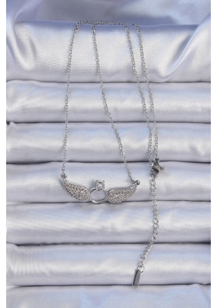 316L Çelik Zincir Gümüş Renk Kanatlı Tektaş Kolye fiyatları