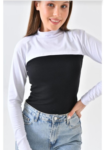 Dik Yaka Boyunluklu Kolluk - Beyaz Uzun Kollu Boyunluk Tesettür Boyunluk Balıkçı Yaka Bodysuit fiyatları