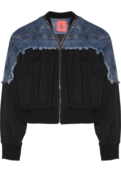 Denim Detaylı Püsküllü Bomber Ceket Siyah