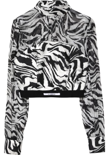Zebra Desenli Beli Lastikli Tül Bluz Siyah