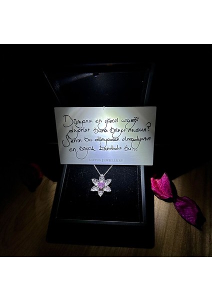 Parlak lotus çiçeği kolye ve ışıklı kutu, 925 ayar gümüş takı seti, zirkon taşlı, pembe renk