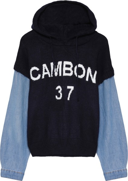 Denim Kol Match Kapüşonlu Kazak Lacivert