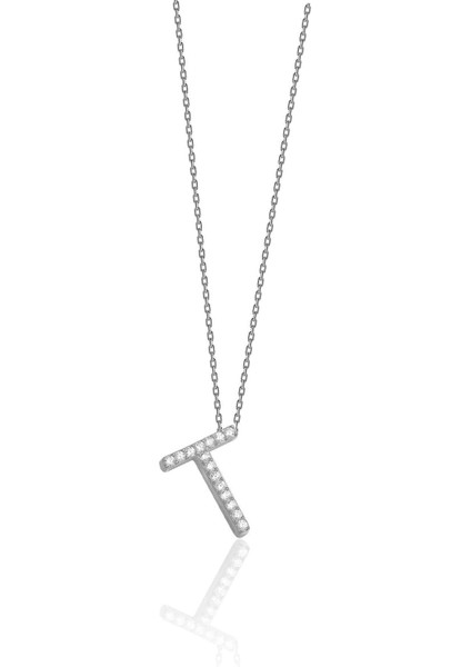 925 Ayar Üç Boyutlu Zirkon Taşlı T Harfli Kadın Kolye Uzunluk 45 cm