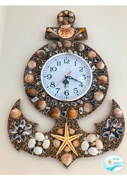 Ahşap Duvar Saati Çıpa Modeli, Deniz Kabukları Süslemeli Saat Quartz Sessiz Saat Mekanizması Clock
