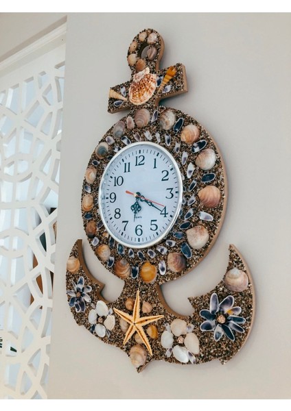 Ahşap Duvar Saati Çıpa Modeli, Deniz Kabukları Süslemeli Saat Quartz Sessiz Saat Mekanizması Clock fiyatları