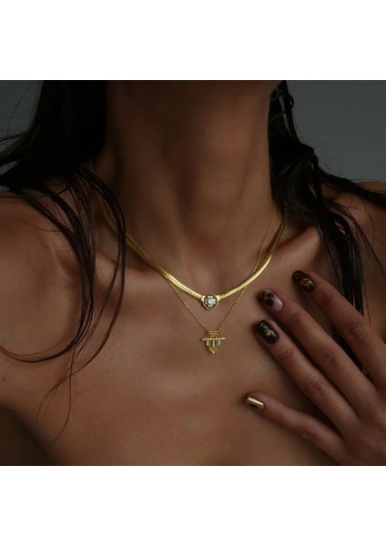 Serenay • Leyla • Altın Tasarım 18 K Altın Kaplama Ikili Set 925 Ayar Gümüş Kolye