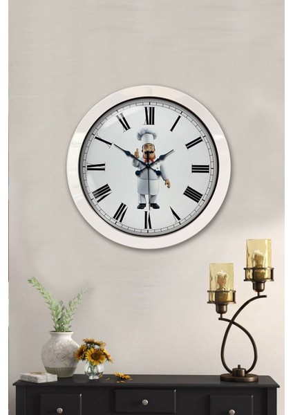Dekoratif 36 cm Beyaz Metal Aşçı Mutfak Duvar Saati