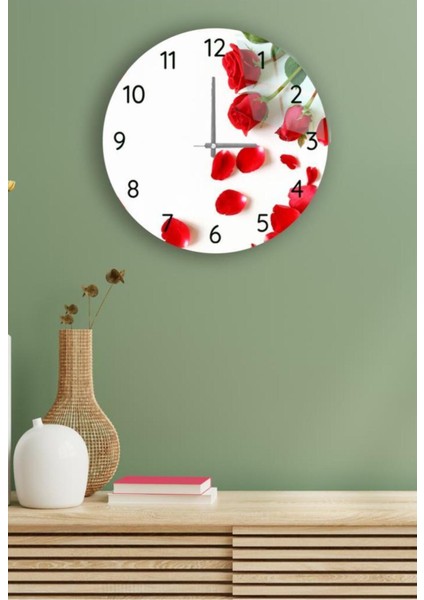 Çap 27 cm Kırmızı Güller Dekoratif Cam Duvar Saati