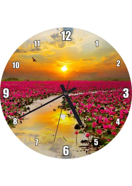 Günbatımında Gölde Pembe Çiçekler Duvar Saati (Çap 50 x 50 cm )