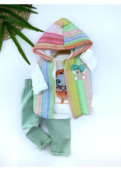 Kapşonlu Fermuarlı Gökkuşağı Şişme Yelek Sweat Pantolonlu 3lü Kız Erkek Bebek Takımı