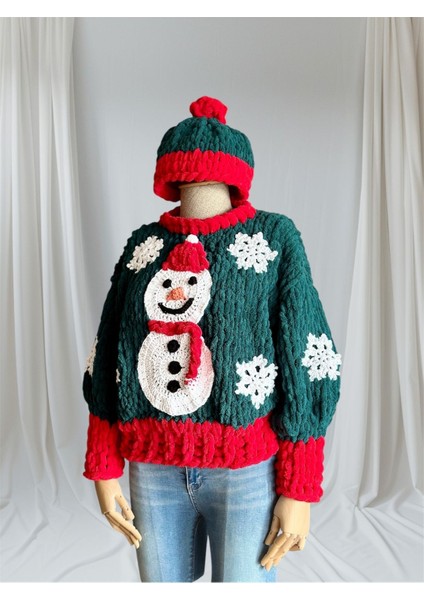 El Yapımı Örgü Kış Temalı Puffy Chunky Kazak ( Bere Hediyeli ) Yeşil / Standart