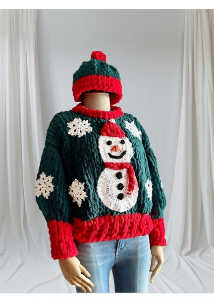 El Yapımı Örgü Kış Temalı Puffy Chunky Kazak ( Bere Hediyeli ) Yeşil / Standart fiyatları