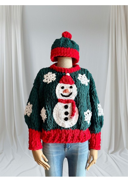 El Yapımı Örgü Kış Temalı Puffy Chunky Kazak ( Bere Hediyeli ) Yeşil / Standart modelleri