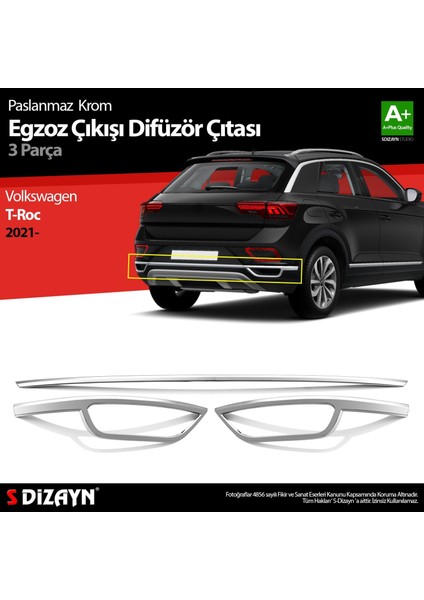 Volkswagen T-Roc Uyumlu Makyajlı Krom Egzoz Görünümü Difüzör 3 Parça. 2021 Üzeri Parça