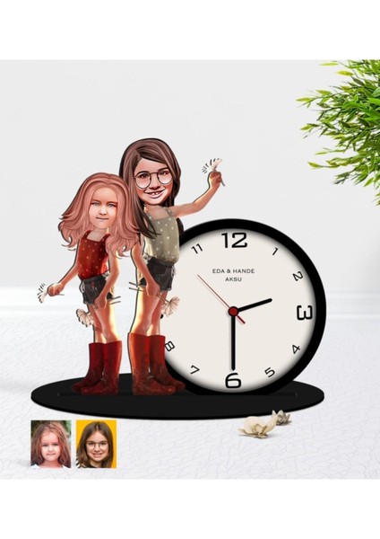 Kişiye Özel Kız Kardeşler Karikatürlü Ahşap Biblo Masa Saati-5