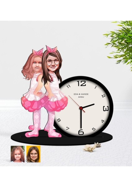 Kişiye Özel Kız Kardeşler Karikatürlü Ahşap Biblo Masa Saati-3