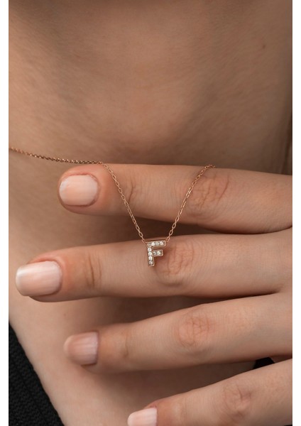 3D F harfi kolye, rose gold kaplama, zirkon taş, 925 ayar gümüş detaylı şık takı
