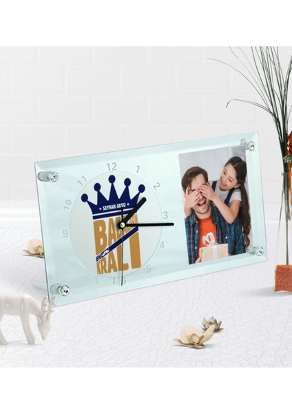 Kişiye Özel Fotoğraflı Babaların En Kralı Masaüstü Cam Saat