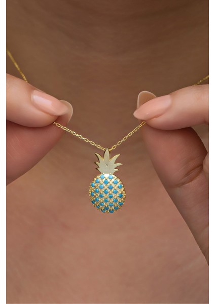 Turkuaz taşlı, 925 ayar gümüş kaplama ananas motifli şık kolye fiyatları