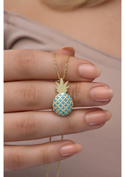 Turkuaz taşlı, 925 ayar gümüş kaplama ananas motifli şık kolye indirimleri