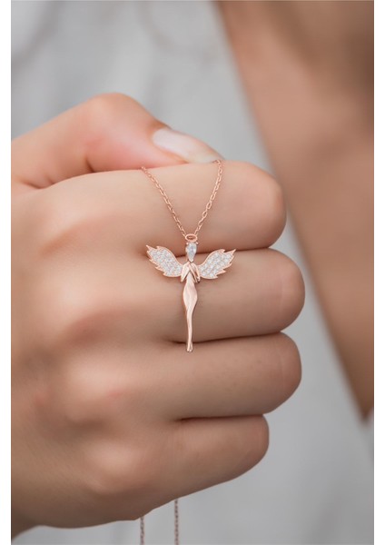 Parlak Pembe Zirkon Taşlı Kanatlı Gümüş Kolye, Rose Gold Detaylı, Şık Tasarım