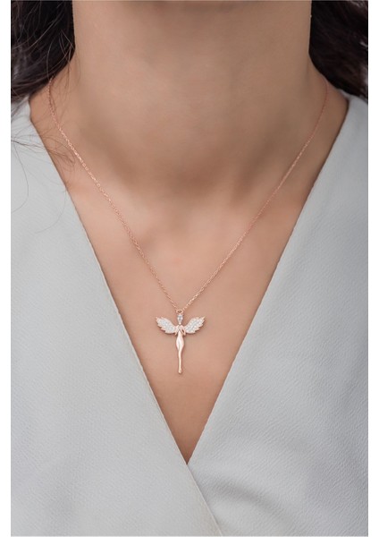 Parlak Pembe Zirkon Taşlı Kanatlı Gümüş Kolye, Rose Gold Detaylı, Şık Tasarım fiyatları