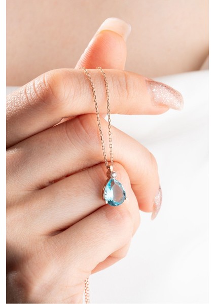 925 Ayar Gümüş Rose Aquamarin Damla Tektaş Kolye, doğal mavi taşlı zarif tasarım