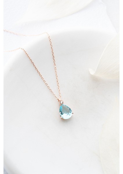 925 Ayar Gümüş Rose Aquamarin Damla Tektaş Kolye, doğal mavi taşlı zarif tasarım fiyatları