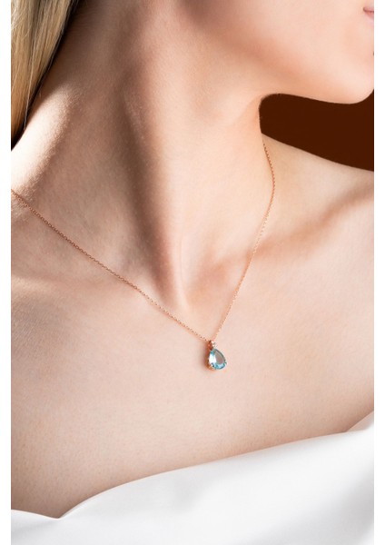 925 Ayar Gümüş Rose Aquamarin Damla Tektaş Kolye, doğal mavi taşlı zarif tasarım fırsatları