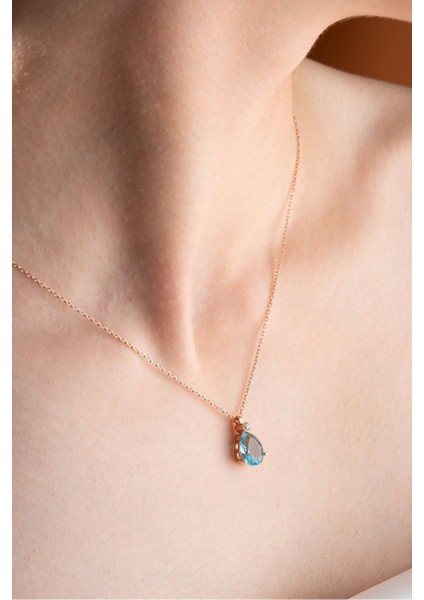 925 Ayar Gümüş Rose Aquamarin Damla Tektaş Kolye, doğal mavi taşlı zarif tasarım indirimleri