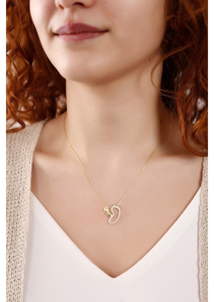 925 Ayar Gümüş Anne Bebek Ayak İzi Kolye, Zirkon Taşlı, Altın Renkli