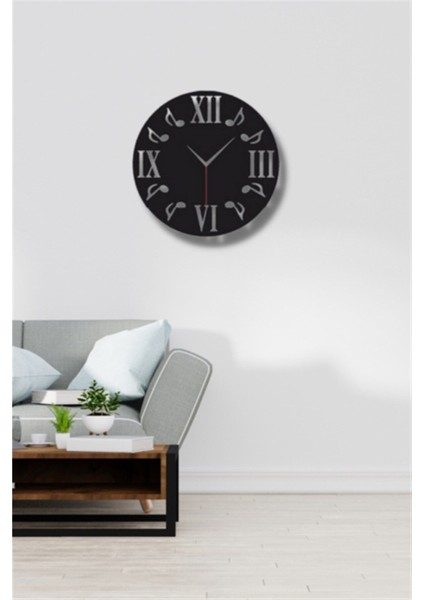 Siyah Ahşap Nota Ve Roma Rakamlı Duvar Saati Salon Oturma Odası Ofis Için 45 x 45 cm Duvar Dekoru
