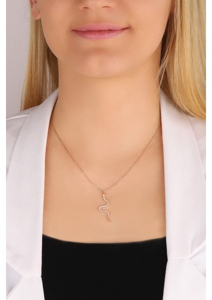 Pembe Yılan Gümüş Kolye, Zarif ve Şık Tasarım, 925 Ayar, Zirkon Taşlı