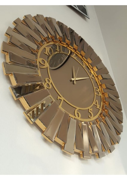 Güneş Golden Latin Bronze Model Altın Bronz Renk 85 cm Dekoratif Aynalı Duvar Saati modelleri